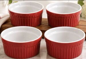 World Market Red Stoneware Ramekins Set of 4 Ribbed Baking Souffle Dishes